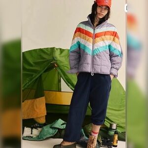 Free People Movement Pippa Packable Printed Puffer Steel Peach Combo XS NWT